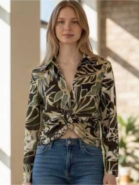 Zara Floral Abstract Mesh Wrap Top Women's XL Long Sleeve